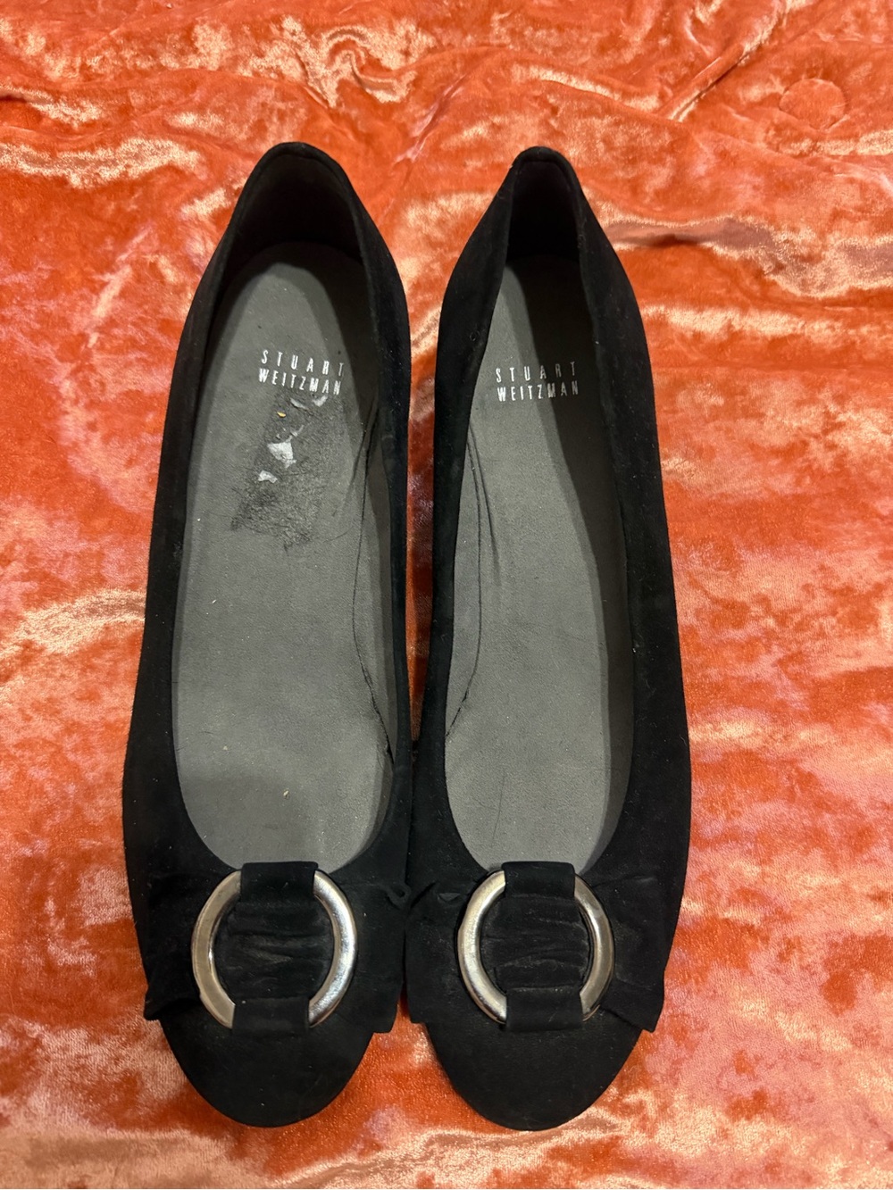 Stuart Weitzman Beaudelair Bow Black Suede Ballet Wedge  with Silver Buckle - 10 - Picture 1 of 7
